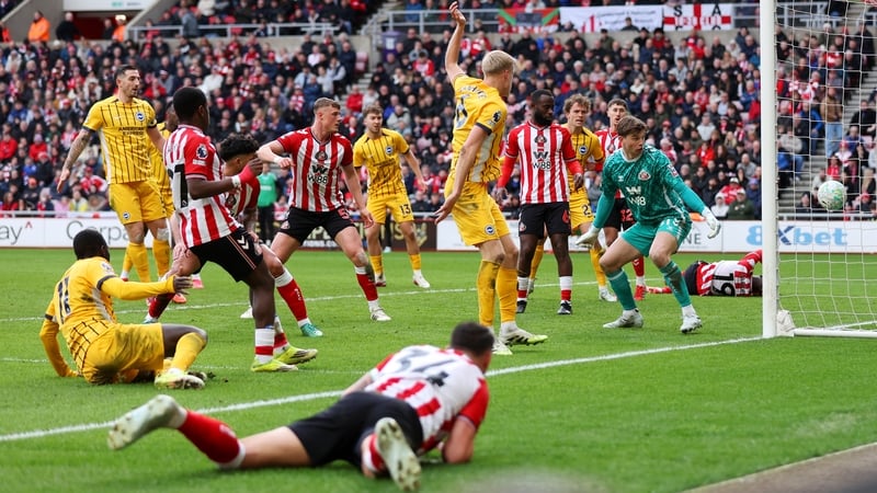 Melker Ellborg of Sunderland concedes his sides first goal which was scored by Yankuba Minteh of Brighton & Hove Albion during the Premier League match between Sunderland and Brighton & Hove Albion at Stadium of Light on March 14, 2026 in Sunderland, Eng