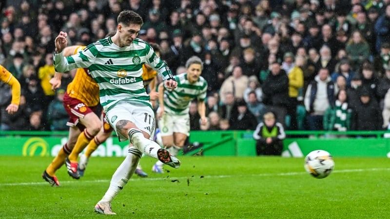 Celtic's Tomas Cvancara scores from the penalty spot to make it 2-1 during a William Hill Premiership match between Celtic and Motherwell at Celtic Park, on March 14, 2026, in Glasgow,