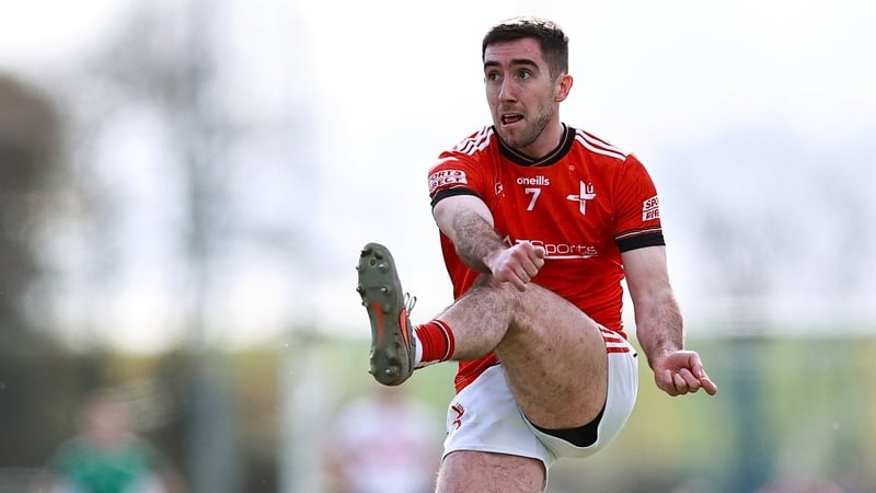 Eoghan Callaghan of Louth watches his shot go wide during the Allianz Football League Division 2 match between Louth and Derry at DEFY Pairc Mhuire in Ardee, Louth.