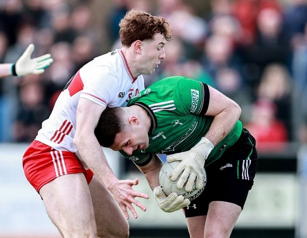 Louth goalkeeper Niall McDonnell in action against Lachlan Murray of Derry during the Allianz Football League Division 2 match between Louth and Derry at DEFY Pairc Mhuire in Ardee, Louth
