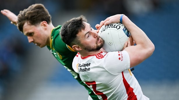 14 March 2026; Peter Teague of Tyrone iis tackled by Adam O'Neill of Meath during the Allianz Football League Division 2 match between Meath and Tyrone at Croke Park in Dublin. Photo by Ray McManus/Sportsfile