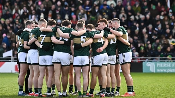 14 March 2026; Kerry players in a huddle before the Allianz Football League Division 1 match between Kerry and Mayo at Austin Stack Park in Tralee, Kerry. Photo by Piaras Ó Mídheach/Sportsfile