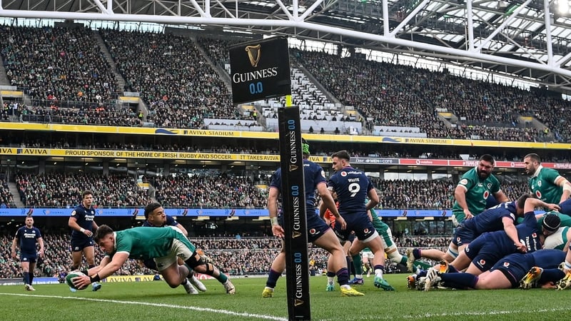 Dan Sheehan of Ireland dives over to score his side's second try during the Guinness 6 Nations Rugby Championship match between Ireland and Scotland at the Aviva Stadium in Dublin