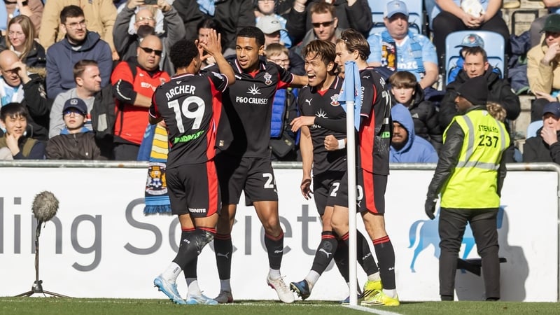 COVENTRY, ENGLAND - MARCH 14: Southampton celebrate the goal of Kuryu Matsuki of Southampton during the Sky Bet Championship match between Coventry City and Southampton at The Coventry Building Society Arena on March 14, 2026 in Coventry, England. (Photo