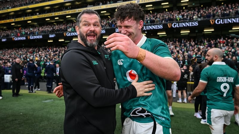 14 March 2026; Ireland head coach Andy Farrell and Darragh Murray of Ireland after their side's victory in the Guinness 6 Nations Rugby Championship match between Ireland and Scotland at the Aviva Stadium in Dublin. Photo by Brendan Moran/Sportsfile