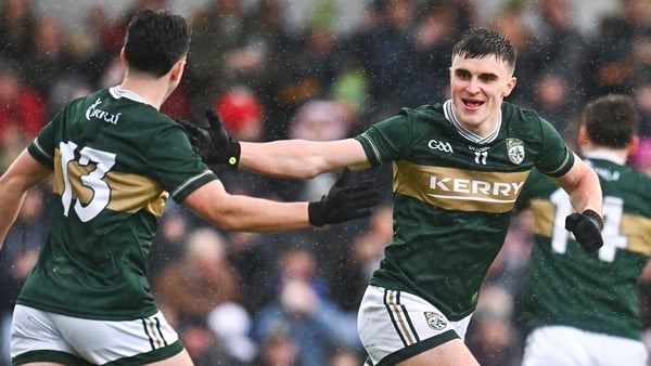 Seán O'Shea, right, celebrates with team-mate Dylan Geaney, who scored their side's first goal, during the Allianz Football League Division 1 match between Kerry and Mayo at Austin Stack Park in Tralee, Kerry.