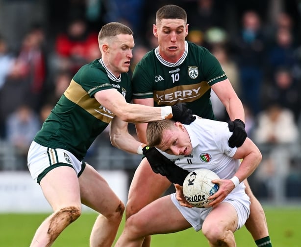 Ryan O'Donoghue of Mayo in action against Jason Foley, left, and Joe O'Connor of Kerry during the Allianz Football League Division 1 match between Kerry and Mayo at Austin Stack Park in Tralee, Kerry