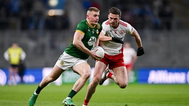 14 March 2026; Jack Flynn of Meath in action against Brian Kennedy of Tyrone during the Allianz Football League Division 2 match between Meath and Tyrone at Croke Park in Dublin. Photo by Ben McShane/Sportsfile