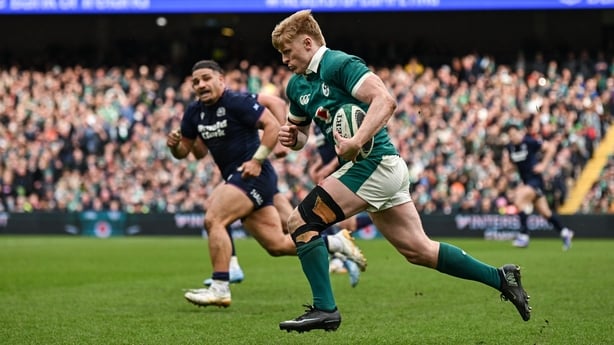 14 March 2026; Tommy O'Brien of Ireland on his way to scoring his side's sixth try during the Guinness 6 Nations Rugby Championship match between Ireland and Scotland at the Aviva Stadium in Dublin. Photo by Ramsey Cardy/Sportsfile