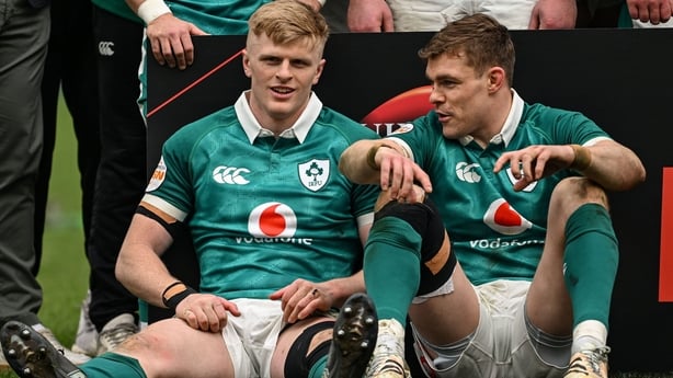 14 March 2026; Tommy O'Brien, left, and Garry Ringrose of Ireland after their side's victory in the Guinness 6 Nations Rugby Championship match between Ireland and Scotland at the Aviva Stadium in Dublin. Photo by Ramsey Cardy/Sportsfile