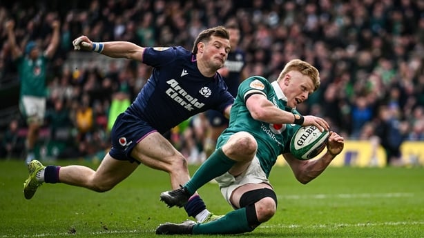 14 March 2026; Tommy O'Brien of Ireland dives over to score his side's fifth try during the Guinness 6 Nations Rugby Championship match between Ireland and Scotland at the Aviva Stadium in Dublin. Photo by Seb Daly/Sportsfile