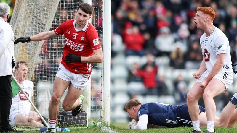 14 March 2026; Chris Óg Jones of Cork celebrates after scoring his side's first goal during the Allianz Football League Division 2 match between Cork and Kildare at Páirc Uí Rinn in Cork. Photo by Michael P Ryan/Sportsfile