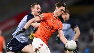 14 March 2026; Ben Crealey of Armagh in action against Pearar Ó Cofaigh Byrne of Dublin during the Allianz Football League Division 1 match between Dublin and Armagh at Croke Park in Dublin. Photo by Ben McShane/Sportsfile