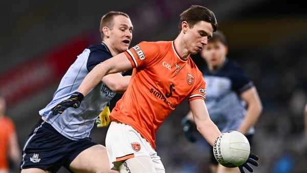 14 March 2026; Ben Crealey of Armagh in action against Pearar Ó Cofaigh Byrne of Dublin during the Allianz Football League Division 1 match between Dublin and Armagh at Croke Park in Dublin. Photo by Ben McShane/Sportsfile