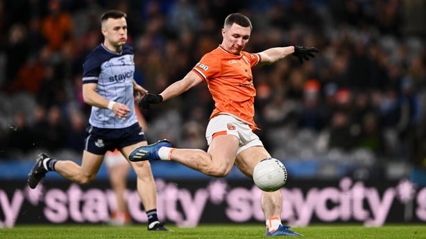 Dublin , Ireland - 14 March 2026; Oisín Conaty of Armagh scores his side's second goal during the Allianz Football League Division 1 match between Dublin and Armagh at Croke Park in Dublin. (Photo By Ben McShane/Sportsfile via Getty Images)