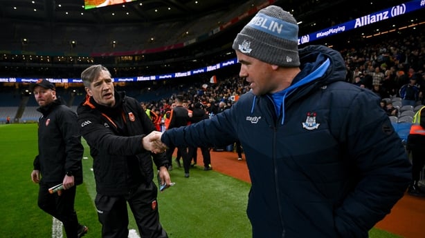 Dublin , Ireland - 14 March 2026; Armagh manager Kieran McGeeney, left, and Dublin manager Ger Brennan shake hands after the Allianz Football League Division 1 match between Dublin and Armagh at Croke Park in Dublin. (Photo By Ben McShane/Sportsfile via Getty Images)