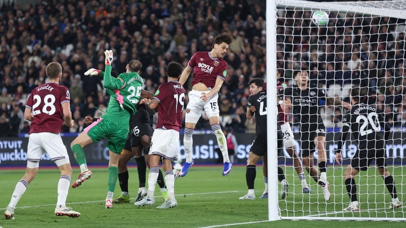 West Ham United's Konstantinos Mavropanos scores his side's first goal during the Premier League match between West Ham United and Manchester City at London Stadium on March 14, 2026 in London,