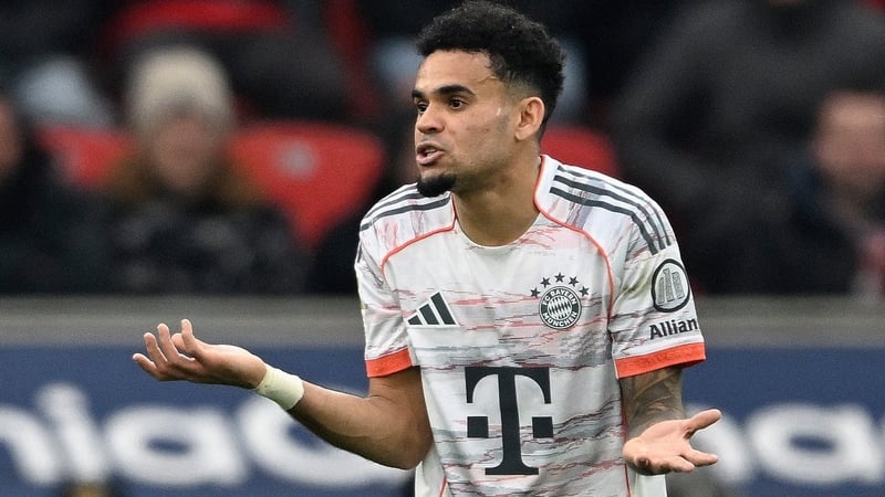Bayern Munich's Colombian forward #14 Luis Diaz reacts after been sent off by the referee during the German first division Bundesliga football match between Bayer 04 Leverkusen and FC Bayern Munich in Leverkusen, western Germany on March 14, 2026.