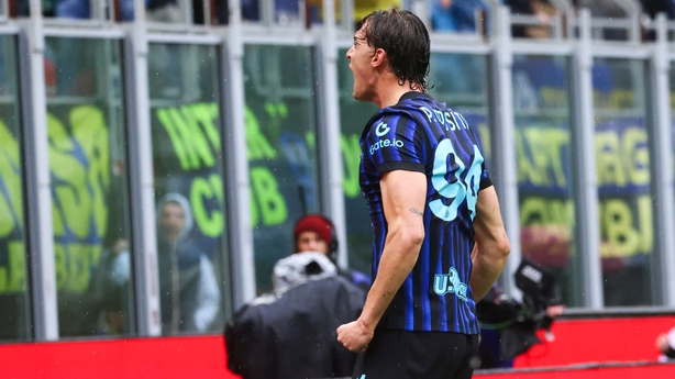 Pio Esposito celebrates a goal during the Serie A match between FC Internazionale and Atalanta BC at Giuseppe Meazza Stadium in Milan, Italy, on March 14, 2026.