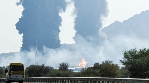 Smoke and flames rise from an energy installation in the Gulf emirate of Fujairah.