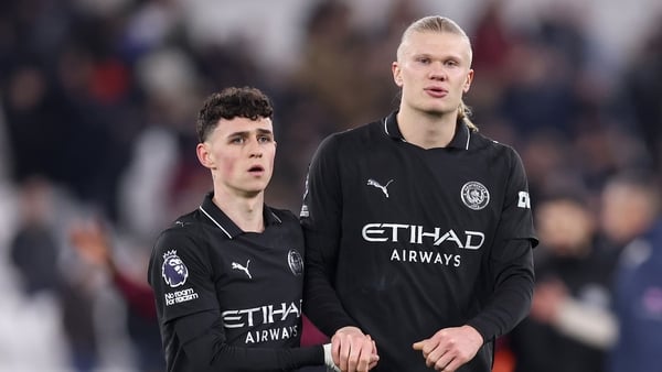 LONDON, ENGLAND - MARCH 14: Phil Foden and Erling Haaland of Manchester City look dejected following the Premier League match between West Ham United and Manchester City at London Stadium on March 14, 2026 in London, England. (Photo by Julian Finney/Getty