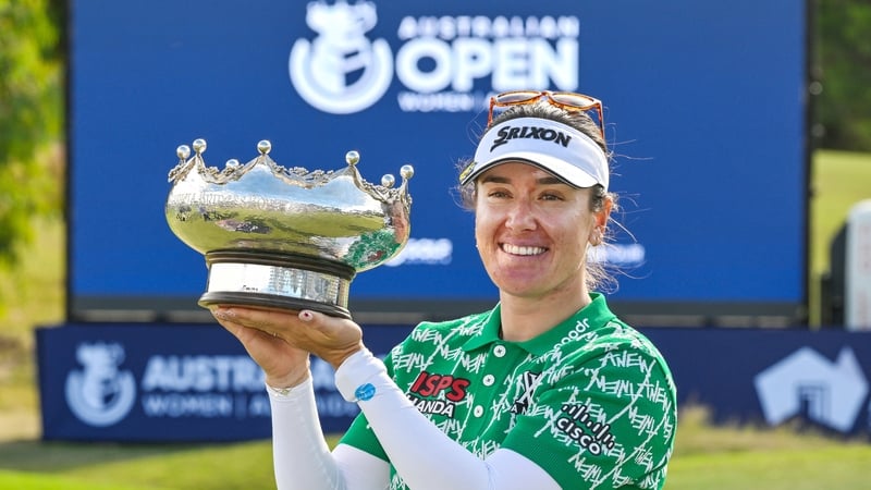 Australia's Hannah Green poses with the Patricia Bridges Bowl after winning the Women's Australian Open golf tournament in Adelaide on March 15, 2026.