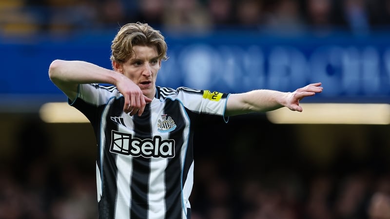 Newcastle United's Anthony Gordon gestures during the Premier League match between Chelsea and Newcastle United at Stamford Bridge on March 14, 2026 in London, England.