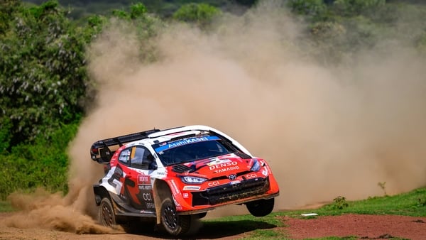 The driver Takamoto Katsuta and co-driver Aaron Johnston of Team Toyota Gazoo Racing WRT, in a Toyota GR Yaris Rally1, face the first day of the race during the FIA World Rally Championship WRC Safari Rally in Naivasha, Kenya, on March 13, 2026.