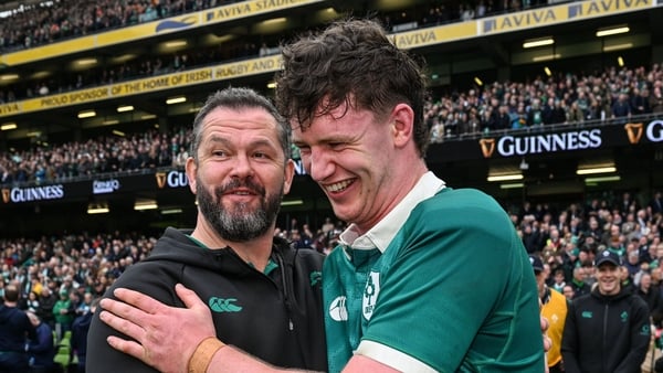 14 March 2026; Ireland head coach Andy Farrell and Darragh Murray of Ireland after their side's victory in the Guinness 6 Nations Rugby Championship match between Ireland and Scotland at the Aviva Stadium in Dublin. Photo by Brendan Moran/Sportsfile