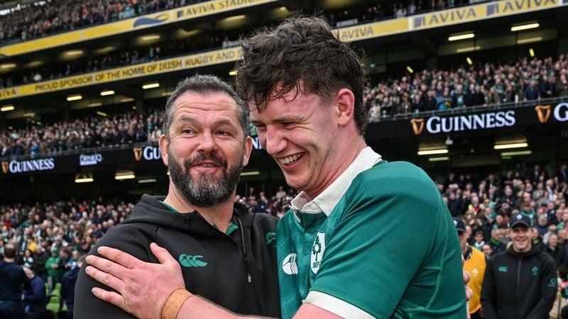 14 March 2026; Ireland head coach Andy Farrell and Darragh Murray of Ireland after their side's victory in the Guinness 6 Nations Rugby Championship match between Ireland and Scotland at the Aviva Stadium in Dublin. Photo by Brendan Moran/Sportsfile