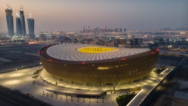 DOHA, QATAR - JUNE 20: (EDITORS NOTE: This photograph was taken using a drone) An aerial view of Lusail Stadium at sunrise on June 20, 2022 in Doha, Qatar. The 80,000-seat stadium, designed by Foster + Partners studio, will host the final game of the FIFA