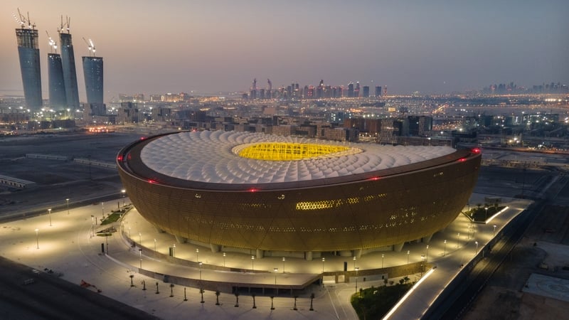 DOHA, QATAR - JUNE 20: (EDITORS NOTE: This photograph was taken using a drone) An aerial view of Lusail Stadium at sunrise on June 20, 2022 in Doha, Qatar. The 80,000-seat stadium, designed by Foster + Partners studio, will host the final game of the FIFA