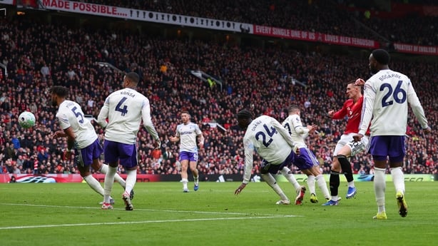 Benjamin Sesko of Manchester United scores their third goal with Matheus Cunha during the Premier League match between Manchester United and Aston Villa at Old Trafford on March 15, 2026 in Manchester, England.