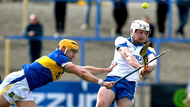 Shane Bennett of Waterford is tackled by Conor Stakelum of Tipperary during the Allianz Hurling League Division 1A match between Waterford and Tipperary at Azzuri Walsh Park in Waterford. 