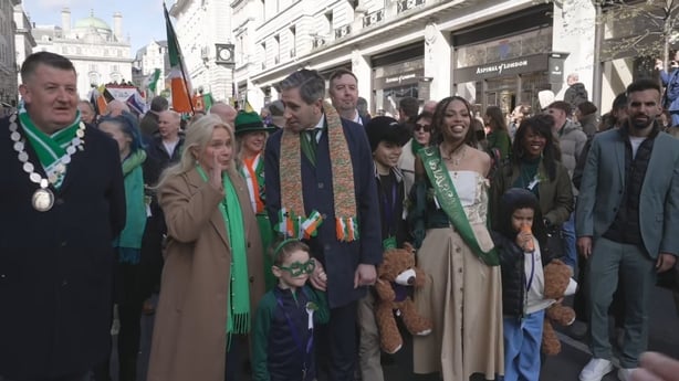 Tánaiste Simon Harris marching in London's St Patrick's Day parade