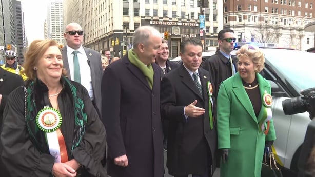 Taoiseach Micheál Martin marching in Philadelphia's St Patrick's Day parade