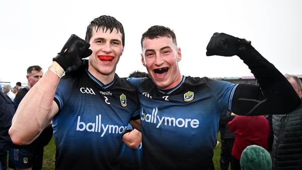15 March 2026; Roscommon players Keith Doyle, left, and Caelim Keogh celebrate after their side's victory in the Allianz Football League Division 1 match between Roscommon and Donegal at King & Moffatt Dr Hyde Park in Roscommon. Photo by Seb Daly/Sportsfi