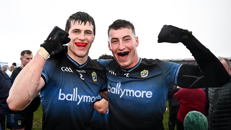 15 March 2026; Roscommon players Keith Doyle, left, and Caelim Keogh celebrate after their side's victory in the Allianz Football League Division 1 match between Roscommon and Donegal at King & Moffatt Dr Hyde Park in Roscommon. Photo by Seb Daly/Sportsfi