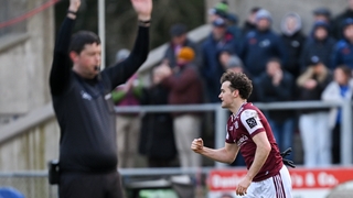 15 March 2026; Robert Finnerty of Galway reacts after kicking a two point score during the Allianz Football League Division 1 match between Monaghan and Galway at Grattan Park in Inniskeen, Monaghan. Photo by Ramsey Cardy/Sportsfile