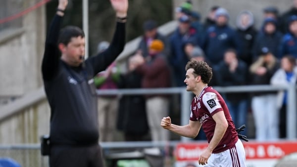 15 March 2026; Robert Finnerty of Galway reacts after kicking a two point score during the Allianz Football League Division 1 match between Monaghan and Galway at Grattan Park in Inniskeen, Monaghan. Photo by Ramsey Cardy/Sportsfile