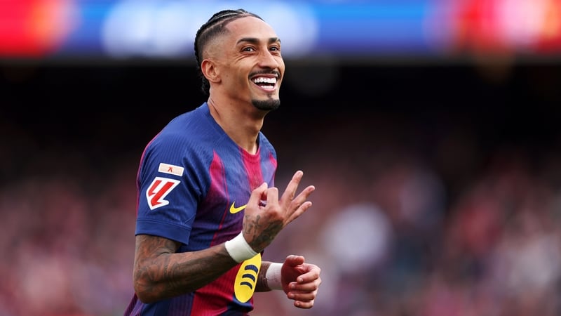 BARCELONA, SPAIN - MARCH 15: Raphinha of FC Barcelona celebrates scoring a hattrick making it 4-1 during the LaLiga EA Sports match between FC Barcelona v Sevilla at the Camp Nou on March 15, 2026 in Barcelona Spain (Photo by David Ramirez/Soccrates/Getty