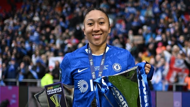 Lauren James of Chelsea poses for a photograph with the Subway Cup Trophy and her player of the match award following the Subway Women's League Cup Final match between Chelsea and Manchester United at Ashton Gate on March 15, 2026 in Bristol, England.