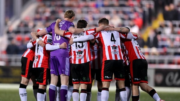 13 March 2026; Derry City players huddle before the SSE Airtricity Men's Premier Division match between Derry City and Shelbourne at The Ryan McBride Brandywell Stadium in Derry. Photo by Stephen McCarthy/Sportsfile