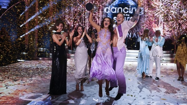 Rose of Tralee Katelyn Cummins with Pro Dancer Leonardo Lini celebrarte winning during the live show of RTE’s Dancing With The Stars