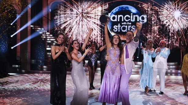 Rose of Tralee Katelyn Cummins with Pro Dancer Leonardo Lini celebrarte winning during the live show of RTE's Dancing With The Stars
