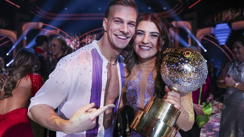 Rose of Tralee Katelyn Cummins with Pro Dancer Leonardo Lini celebrarte winning during the live show of RTE’s Dancing With The Stars