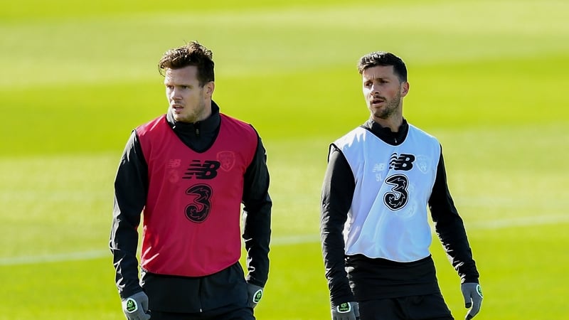 Kevin Long, left, and Shane Long during a Republic of Ireland training session at the FAI National Training Centre in Abbotstown, Dublin.