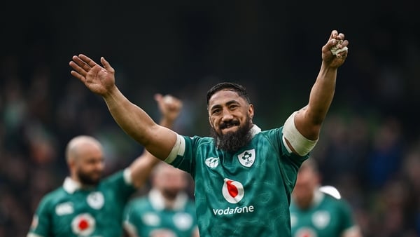 14 March 2026; Bundee Aki of Ireland after his side's victory in the Guinness 6 Nations Rugby Championship match between Ireland and Scotland at the Aviva Stadium in Dublin. Photo by Seb Daly/Sportsfile