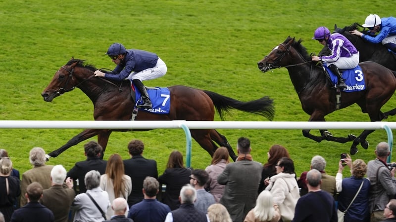 NEWMARKET, ENGLAND - OCTOBER 11: Christophe Soumillon riding Pierre Bonnard win The Night Of Thunder Zetland Stakes at Newmarket Racecourse on October 11, 2025 in Newmarket, England. (Photo by Alan Crowhurst/Getty Images)
