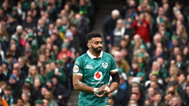 14 March 2026; Robert Baloucoune of Ireland during the Guinness 6 Nations Rugby Championship match between Ireland and Scotland at the Aviva Stadium in Dublin. Photo by Ramsey Cardy/Sportsfile